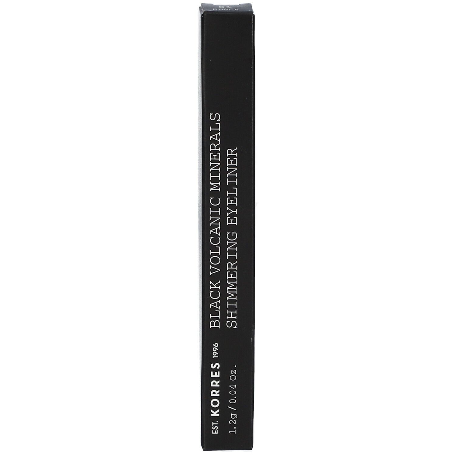 Boîte d'eyeliner noir. Texte: Black Volcanic Minerals Shimmering Eyeliner. Marque: KORRES. Poids: 1,2g / 0,04 Oz.