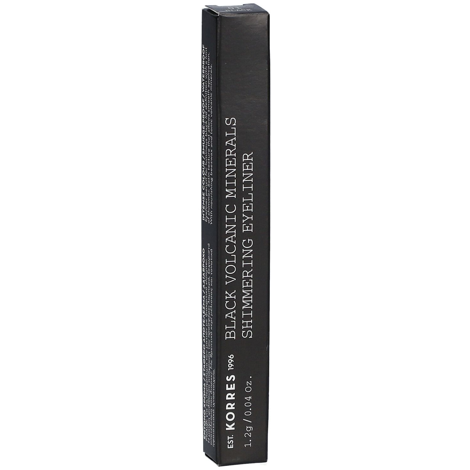 Boîte d'eyeliner noir. Texte: Black Volcanic Minerals Shimmering Eyeliner. Marque: KORRES. Poids: 1,2g / 0,04 Oz.