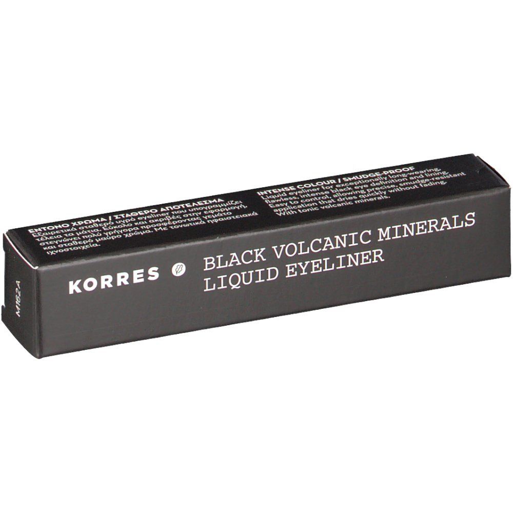 Boîte d'eyeliner noir. Texte: KORRES, Black Volcanic Minerals, Liquid Eyeliner. Texte noir sur fond noir.