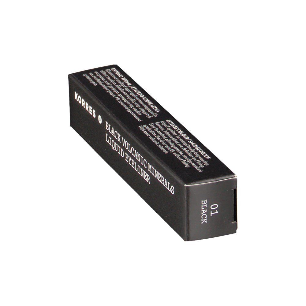 Emballage d'eyeliner noir. KORRES, Black Volcanic Minerals, Liquid Eyeliner. Impression: 01 Black. Texte noir.