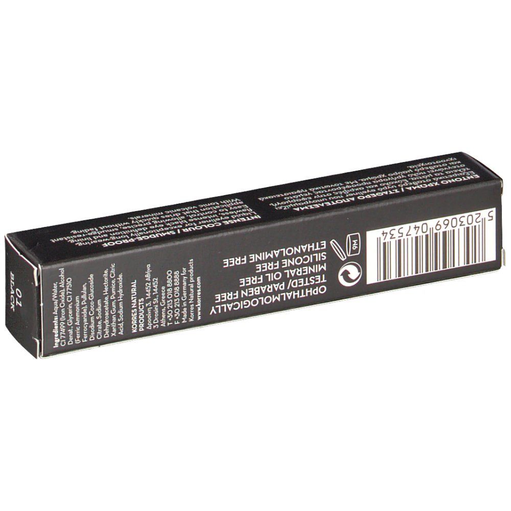 Dos de l'emballage d'eyeliner. Texte: ingrédients, code-barres, logo KORRES. Texte noir sur fond noir.