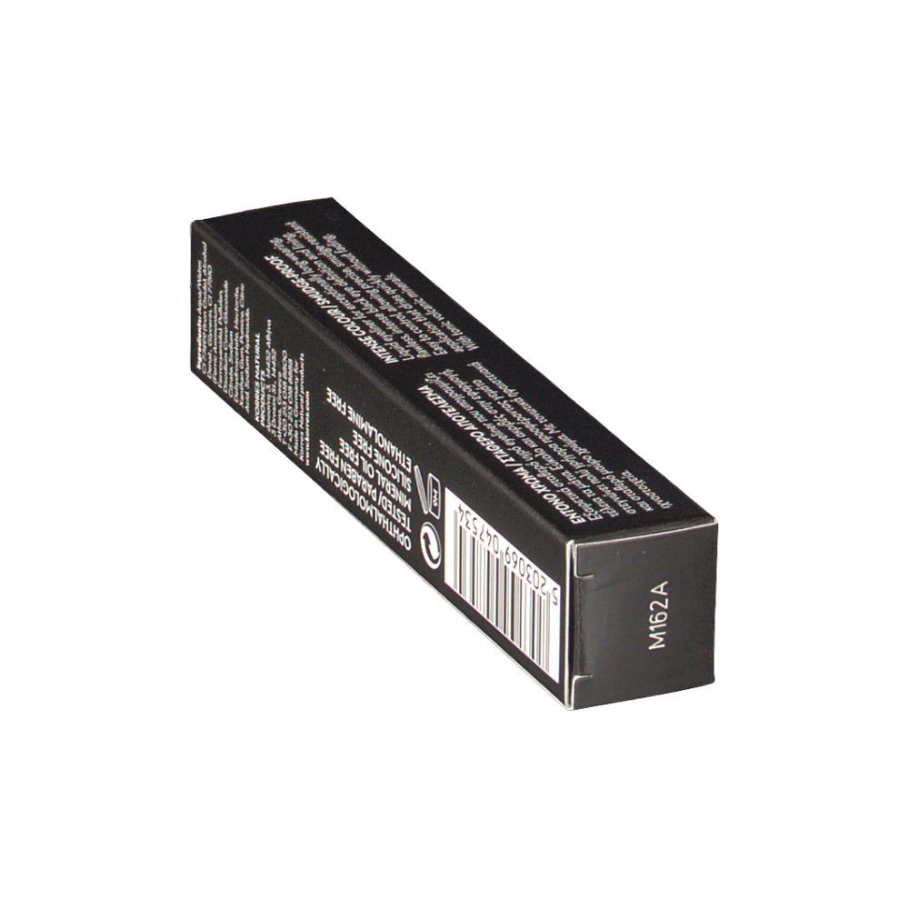 Emballage d'eyeliner noir. Texte: KORRES, Black Volcanic Minerals, Liquid Eyeliner. Code-barres et M162A. Texte noir.
