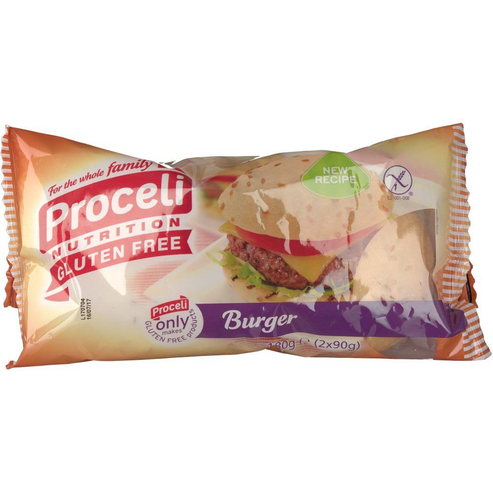 Emballage de deux burgers sans gluten. Inscription : Proceli, Nutrition, Gluten Free. Illustration d'un burger.