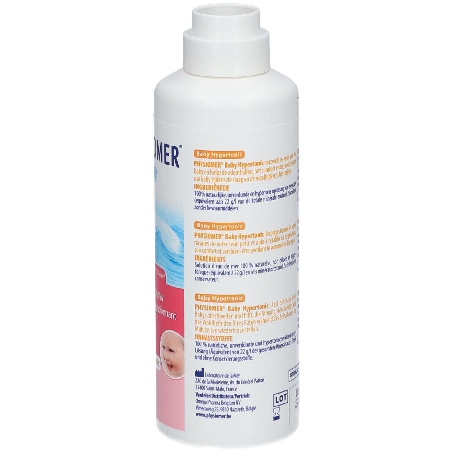 Physiomer Baby Hypertonic. Dos du flacon blanc. Texte: Ingrédients, Baby Hypertonic, 100% naturel.