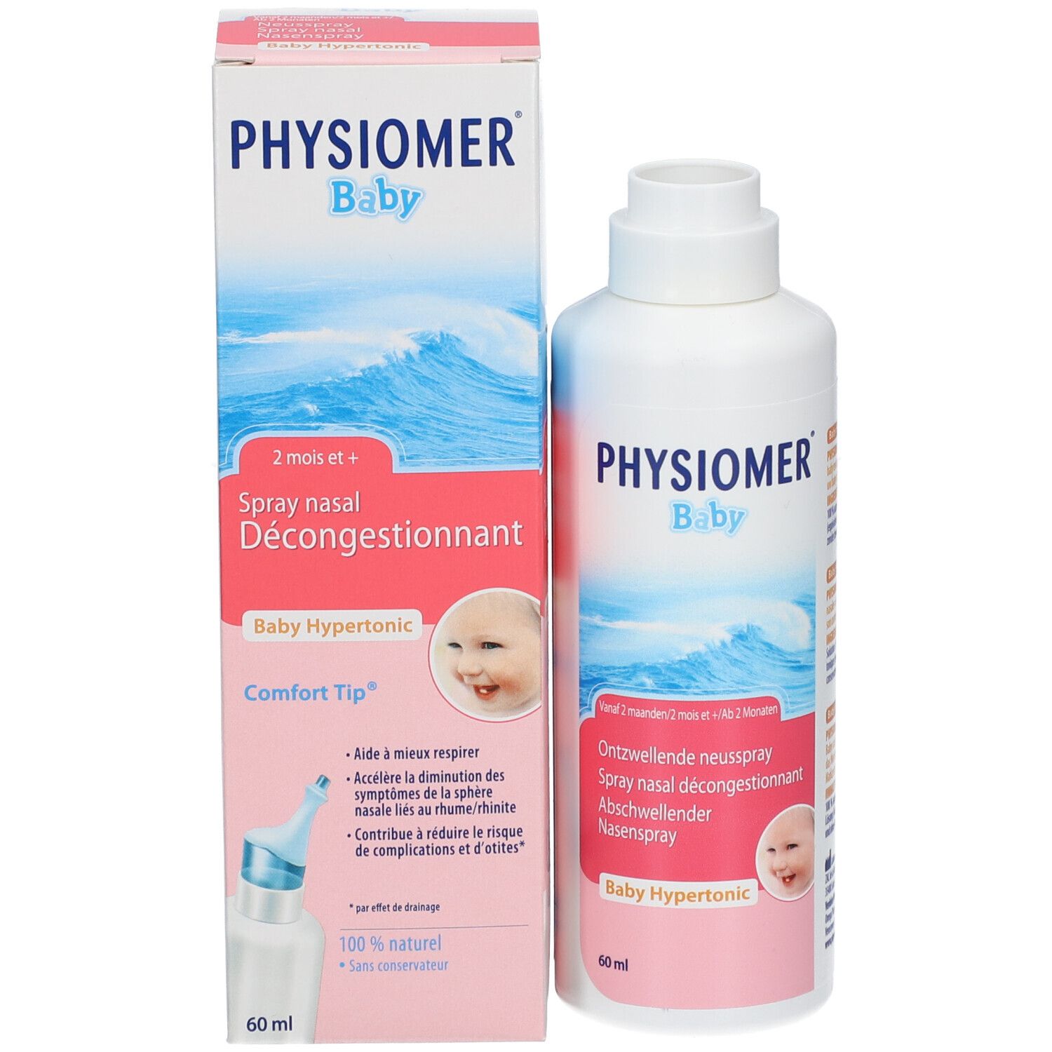 Physiomer Baby Hypertonic et emballage. Texte: Spray nasal décongestionnant, Baby Hypertonic, Comfort Tip. Dès 2 mois.