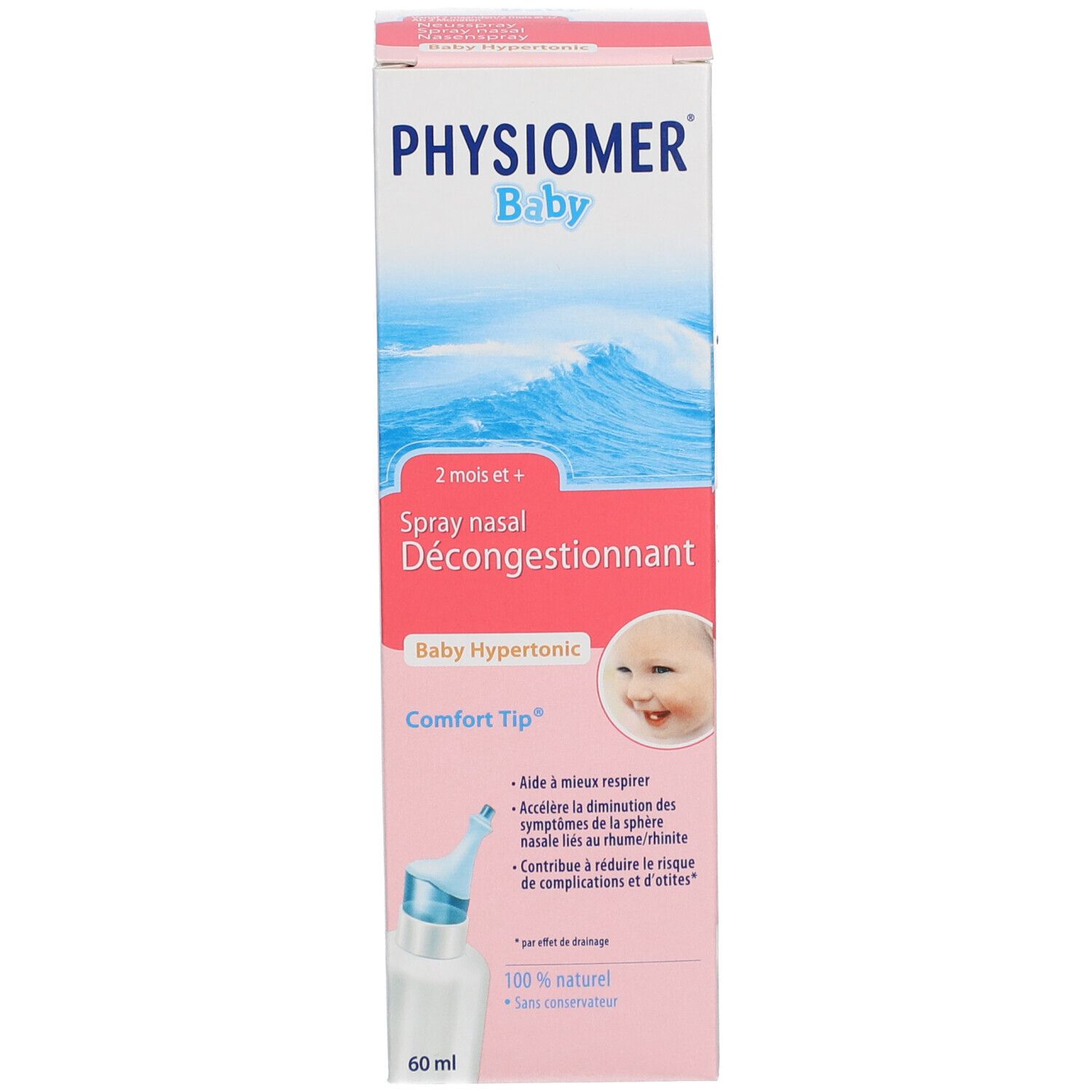 Physiomer Baby Hypertonic et emballage. Texte: Spray nasal décongestionnant, Baby Hypertonic, Comfort Tip. Dès 2 mois.