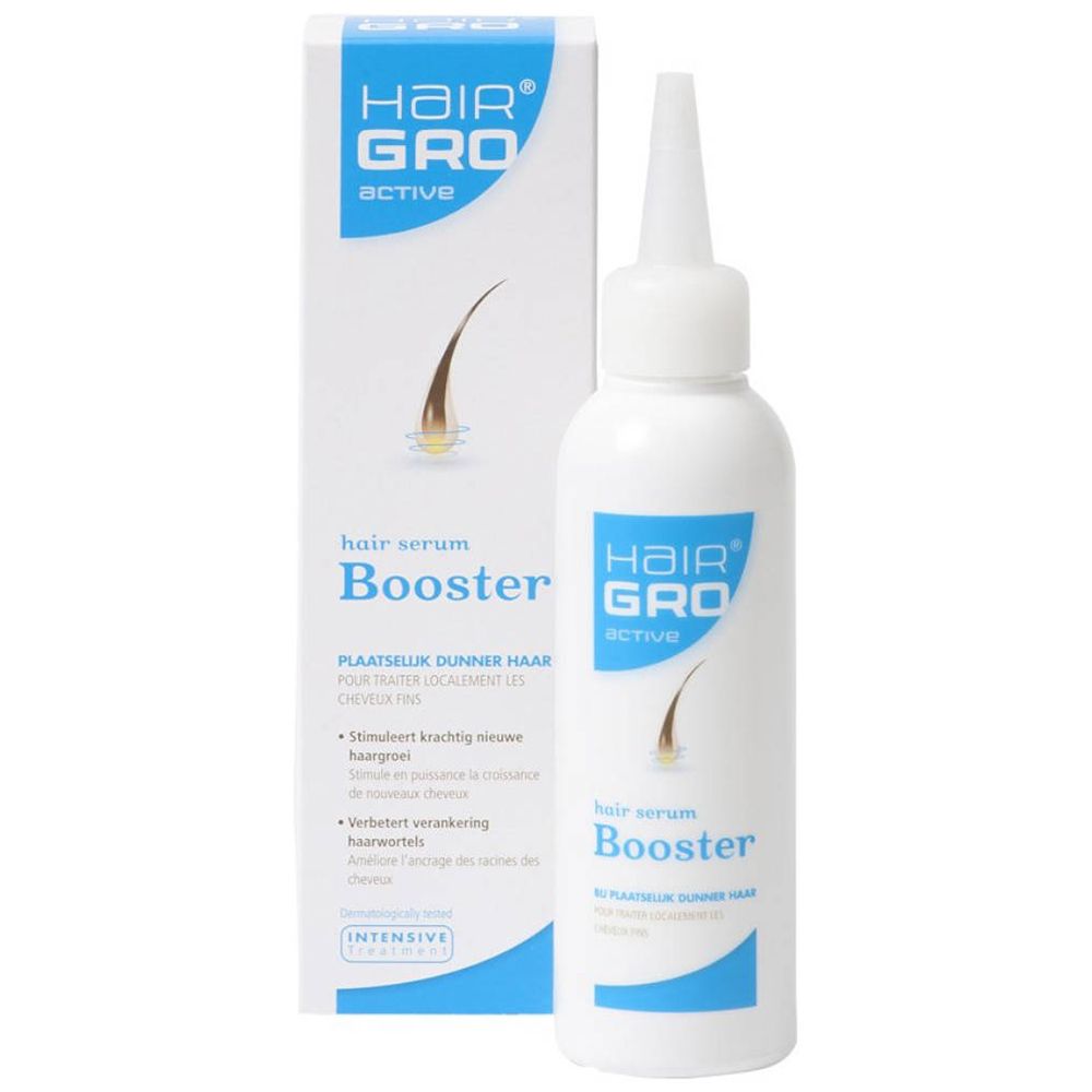 Haarserumfles en verpakking. Witte fles met blauw etiket. Opschrift: HairGro Active, Booster.