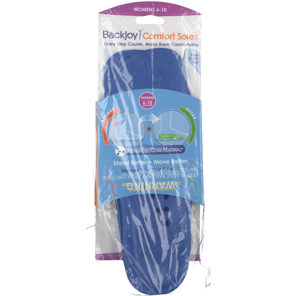 Semelles bleues Backjoy Comfort Soles, taille 6-10, dans emballage plastique. Inscriptions visibles.