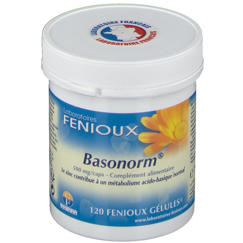 Witte pot met blauw etiket. Opschrift: Fenioux Basonorm, 500 mg/caps, 120 capsules. Logo: Laboratoire Français.