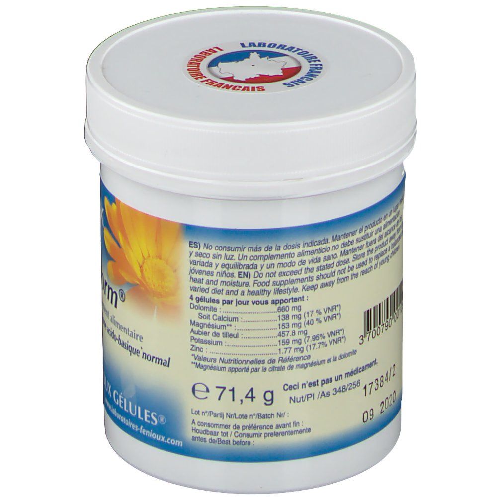 Witte pot, achterkant met ingrediënten en voedingswaarde. Opschrift: Basonorm, e 71,4 g. Logo: Laboratoire Français.