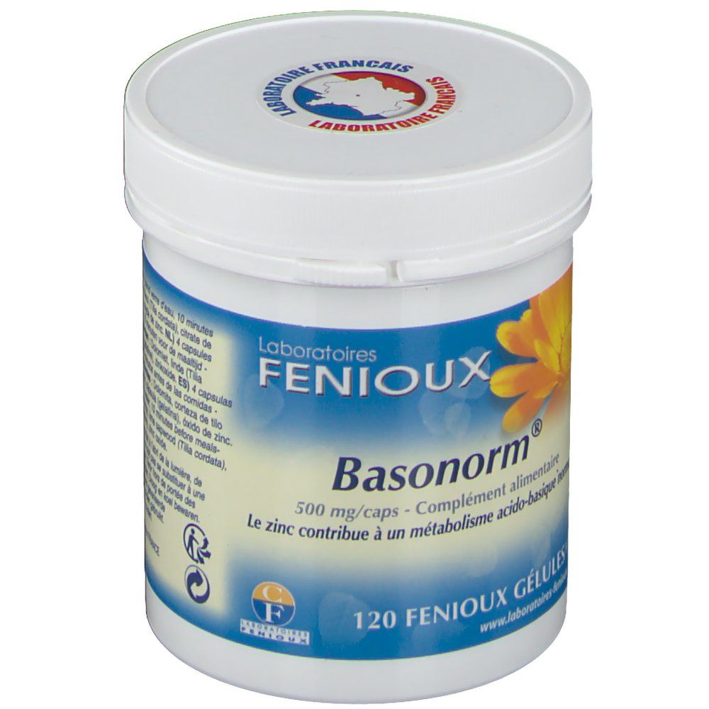 Witte pot met blauw etiket. Opschrift: Fenioux Basonorm, 500 mg/caps, 120 capsules. Logo: Laboratoire Français.