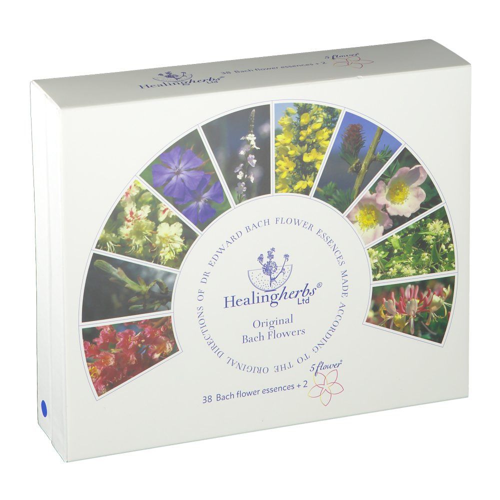 Witte doos met bloemenillustraties. Opschrift: Healingherbs® Original Bach Flowers. 38 Bachbloesemremedies + 2.