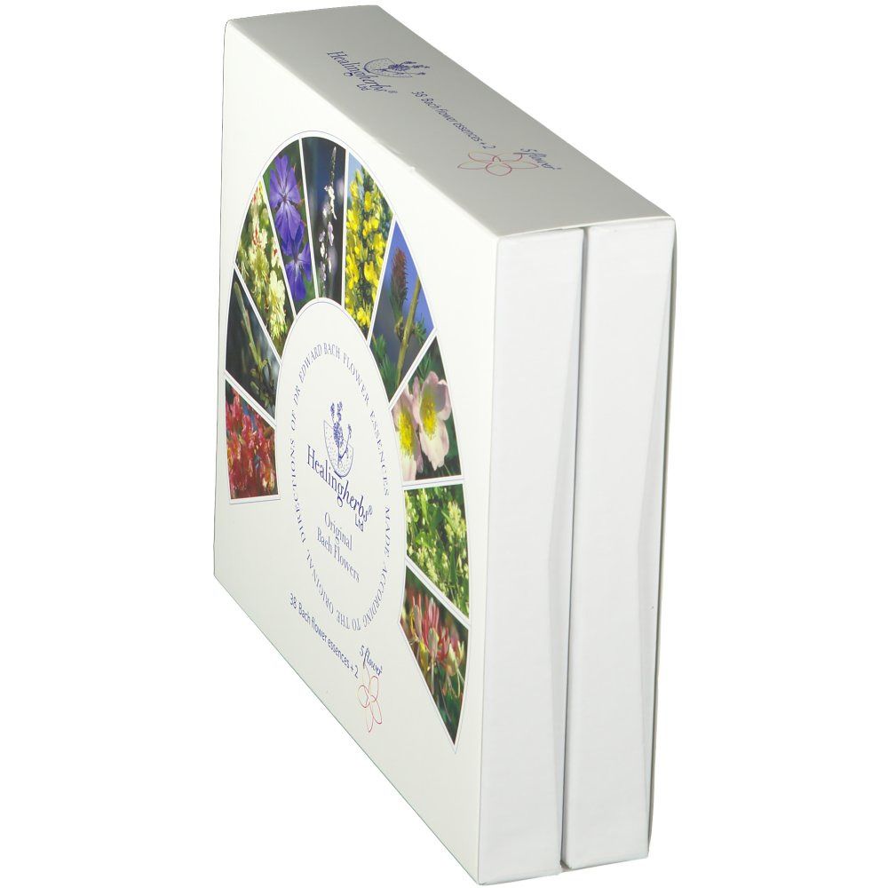 Witte doos, schuin van opzij gezien. Voorkant: bloemenillustraties en tekst: Healingherbs® Original Bach Flowers.
