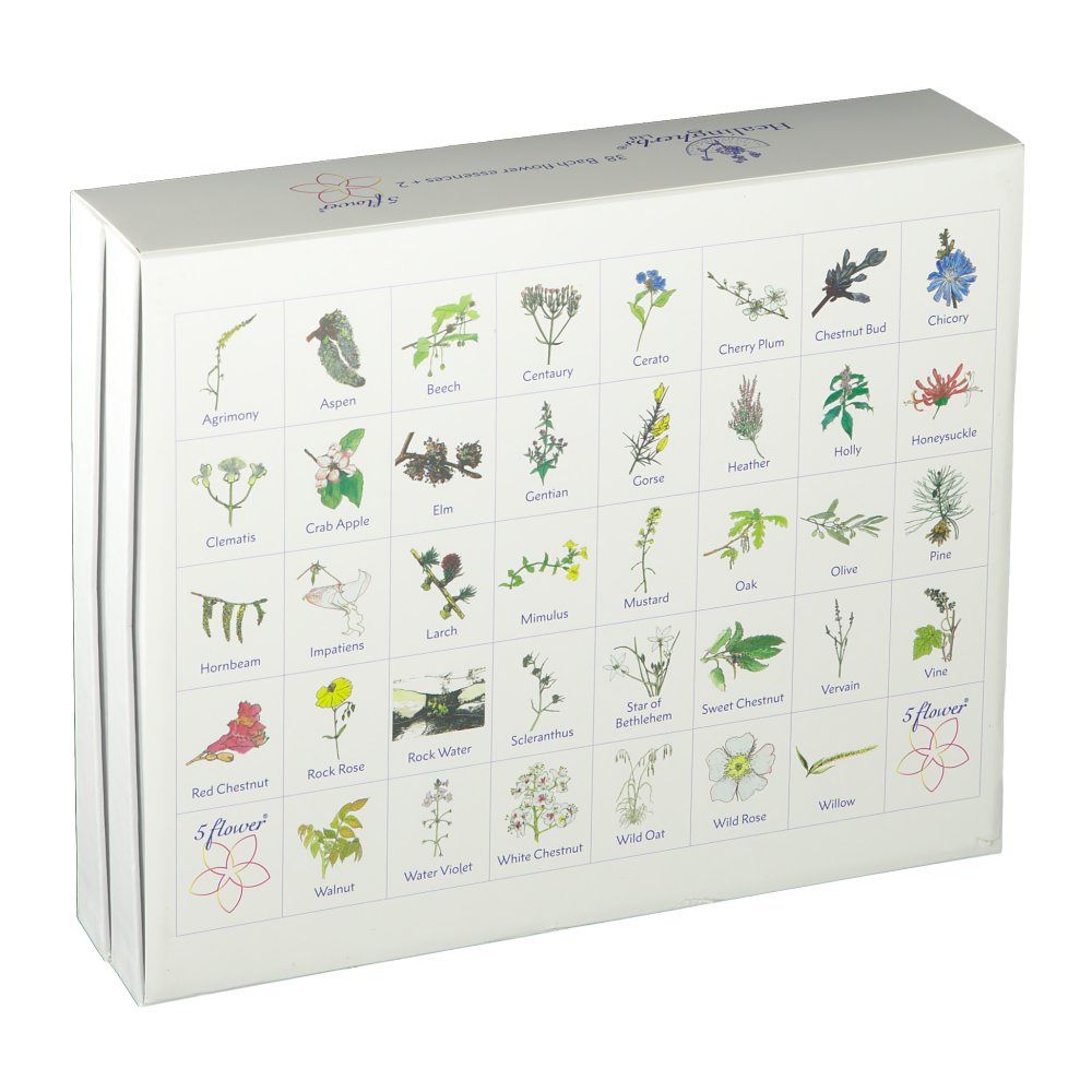 Witte doos met tekeningen van bloemen en planten. Opschrift: 38 Bachbloesemremedies + 2. 5 flower.