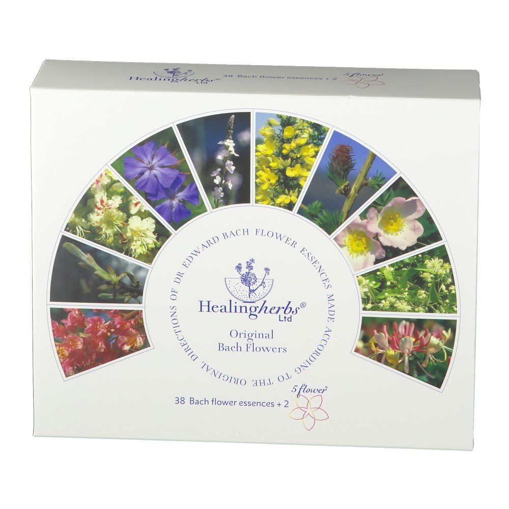Witte doos met bloemenillustraties. Opschrift: Healingherbs® Original Bach Flowers. 38 Bachbloesemremedies + 2.