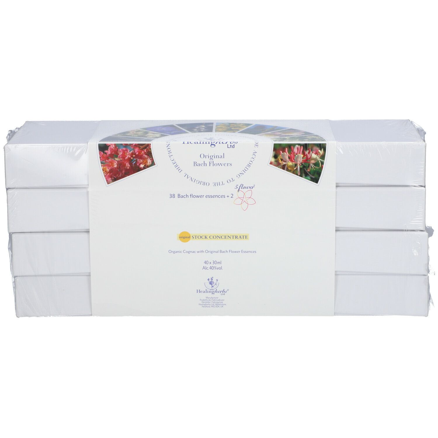 Verpackung mit weißen rechteckigen Blöcken, umwickelt mit Folie. Auf der Vorderseite befindet sich ein Etikett mit Text und floralen Bildern.