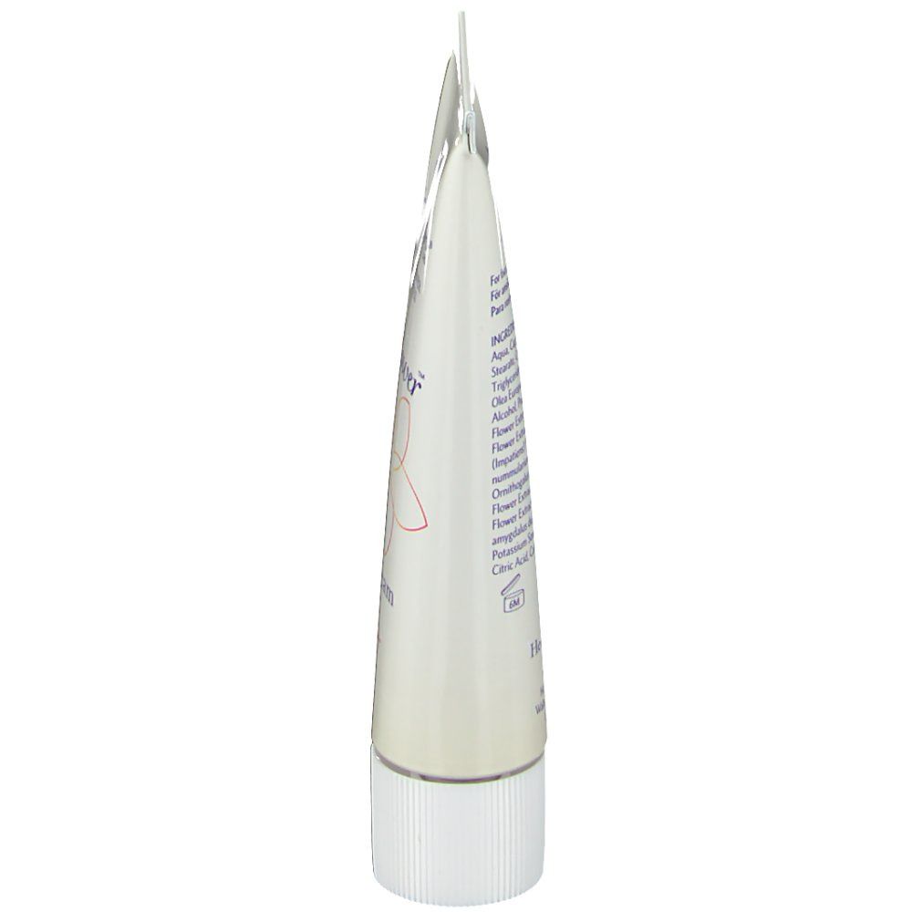 Vue latérale du tube de crème. Tube blanc avec informations sur le produit. Ingrédients et texte imprimés.