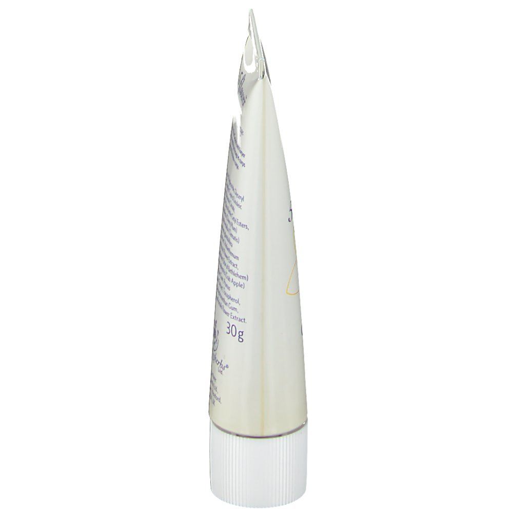 Vue latérale du tube de crème. Tube blanc avec informations sur le produit. Ingrédients et texte imprimés.