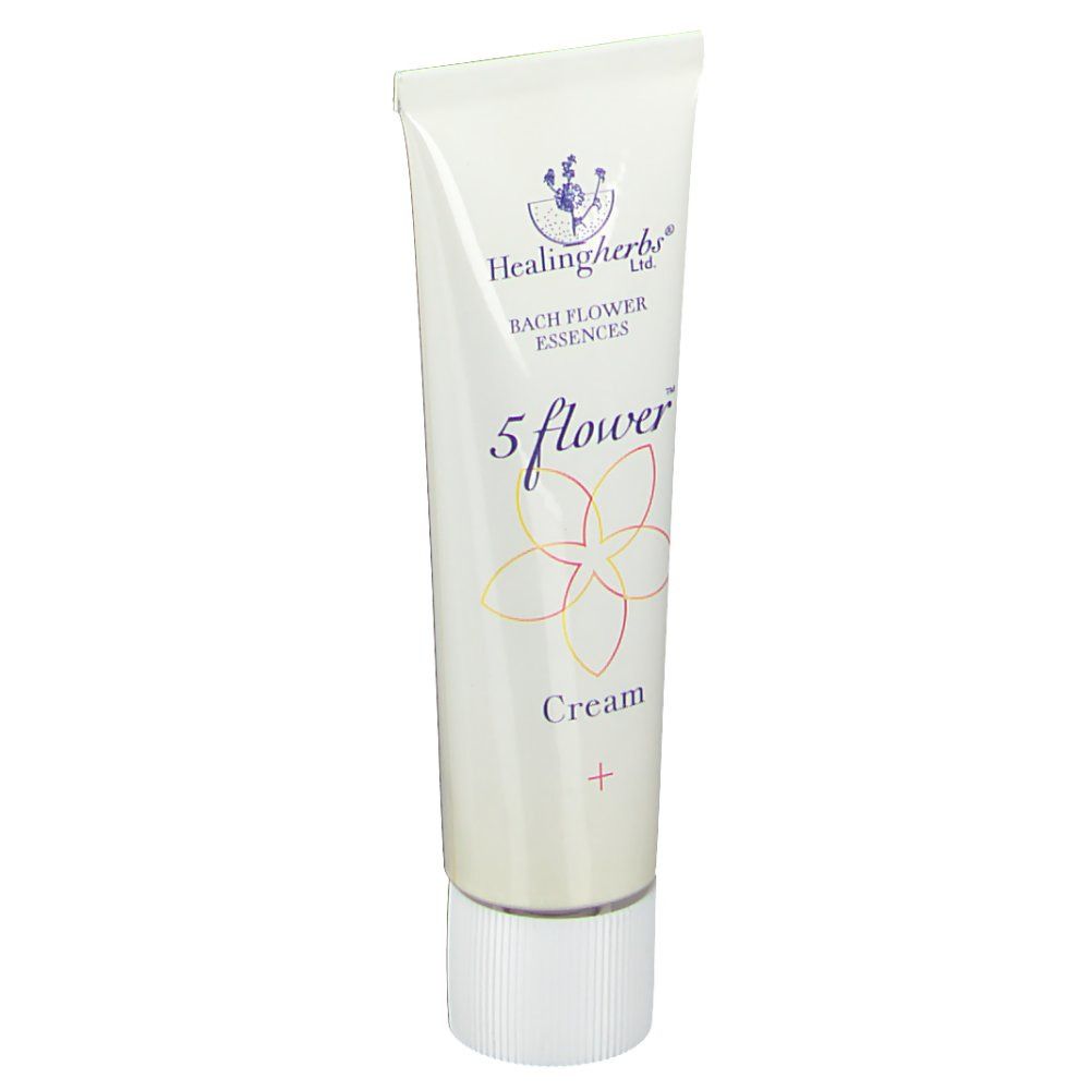 Tube de crème avec nom et logo du produit. Tube blanc avec bouchon à vis. Inscription : 5 flower Cream +.