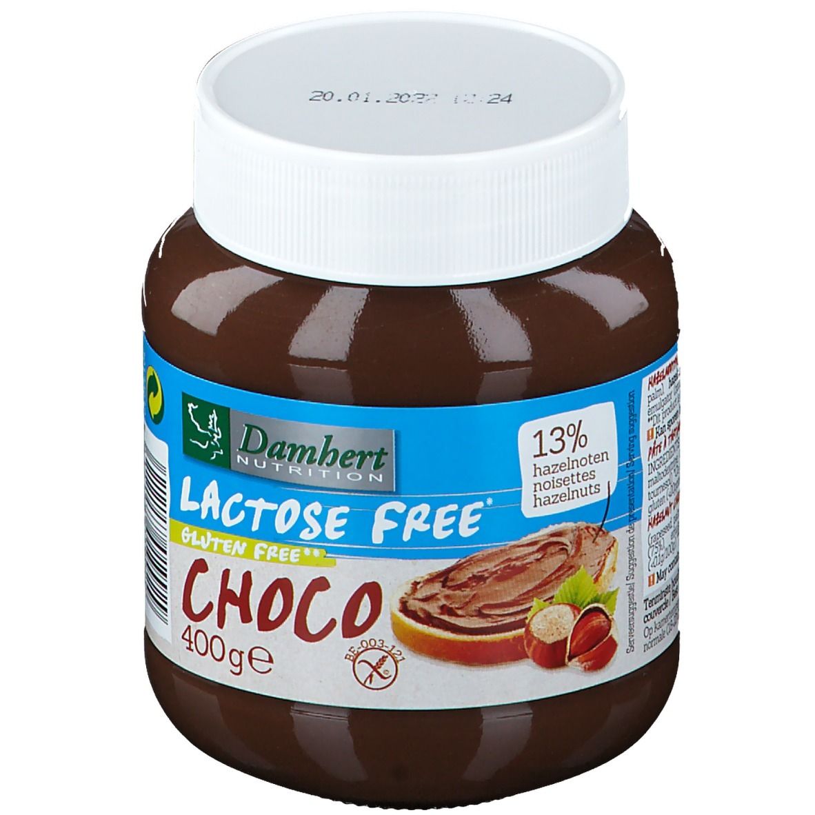 Glas mit Damhert Choco Aufstrich, lactosefrei und glutenfrei. 400g. Mit 13% Haselnüssen. Deckel mit Datum.