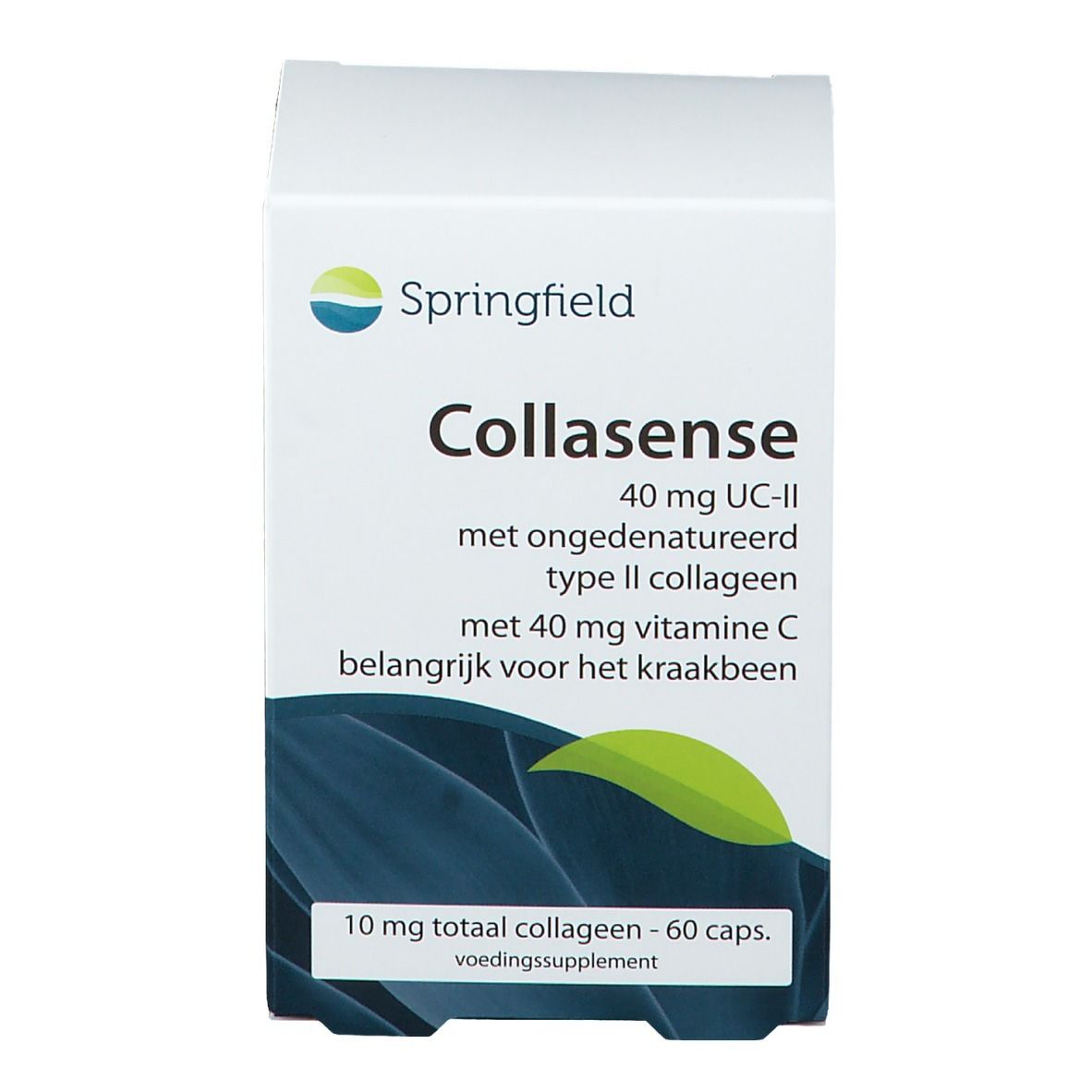 Boîte blanche Springfield Collasense. Inscription : 40 mg UC-II, 10 mg collagène, 60 gélules. Graphique vert et bleu.