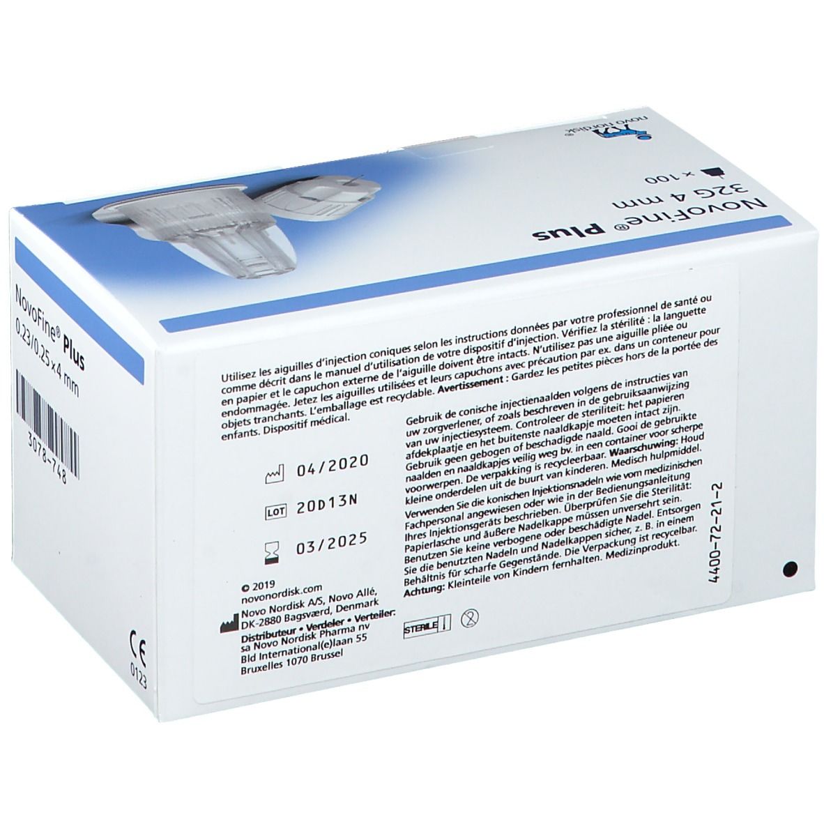 Dos de la boîte NovoFine® Plus. Texte multilingue. Dates de péremption.