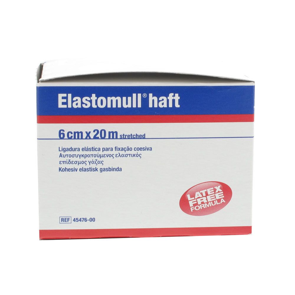 Emballage d'Elastomull® haft. Inscription : 6 cm x 20 m, sans latex. Accents rouges et bleus.