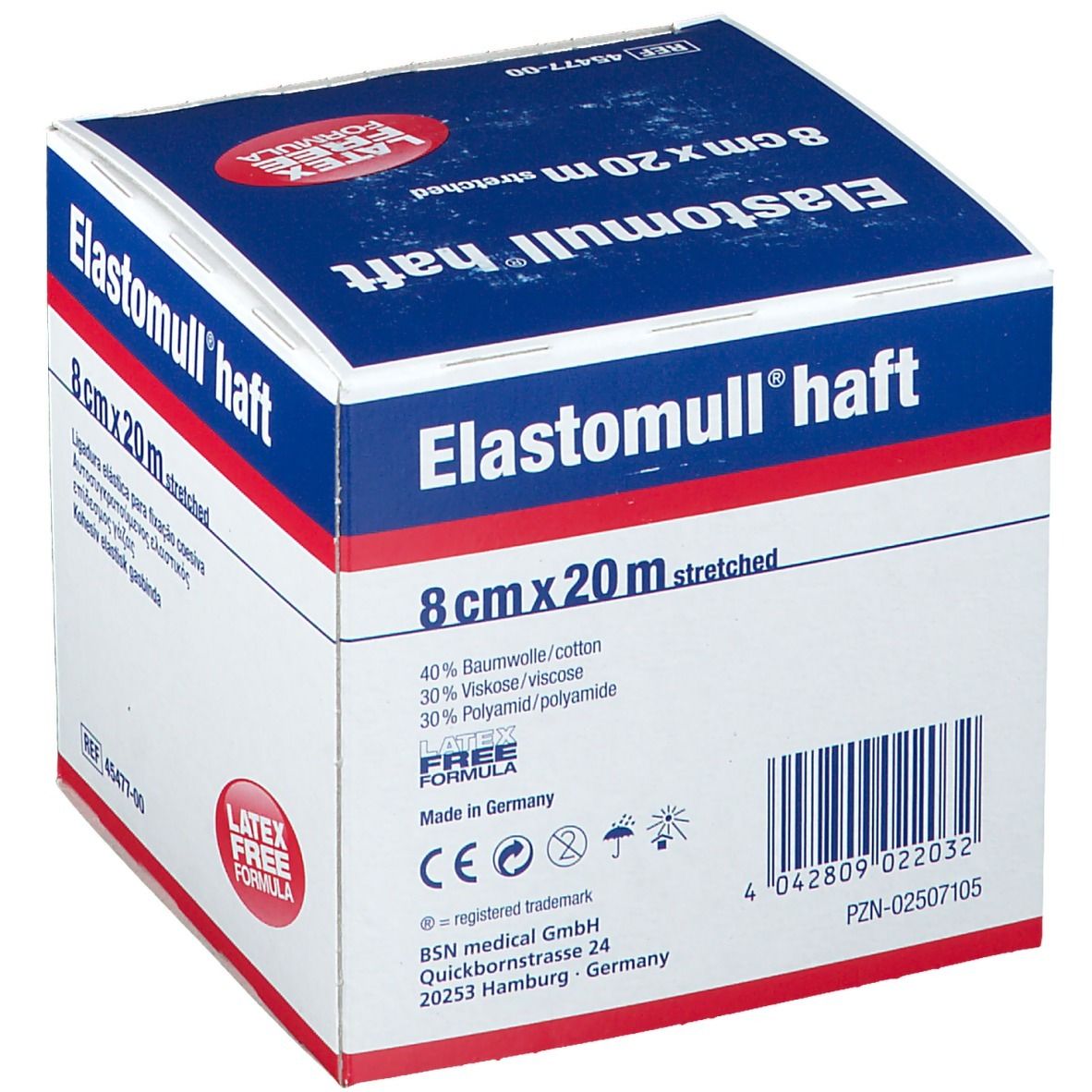 Verpakking Elastomull haft, 8cm x 20m elastische fixatiewindsel. Latexvrij. Ingrediënten. BSN medical.