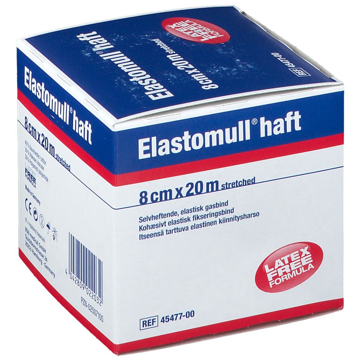 Verpakking Elastomull haft, 8cm x 20m elastische fixatiewindsel. Latexvrij. Ingrediënten. BSN medical.