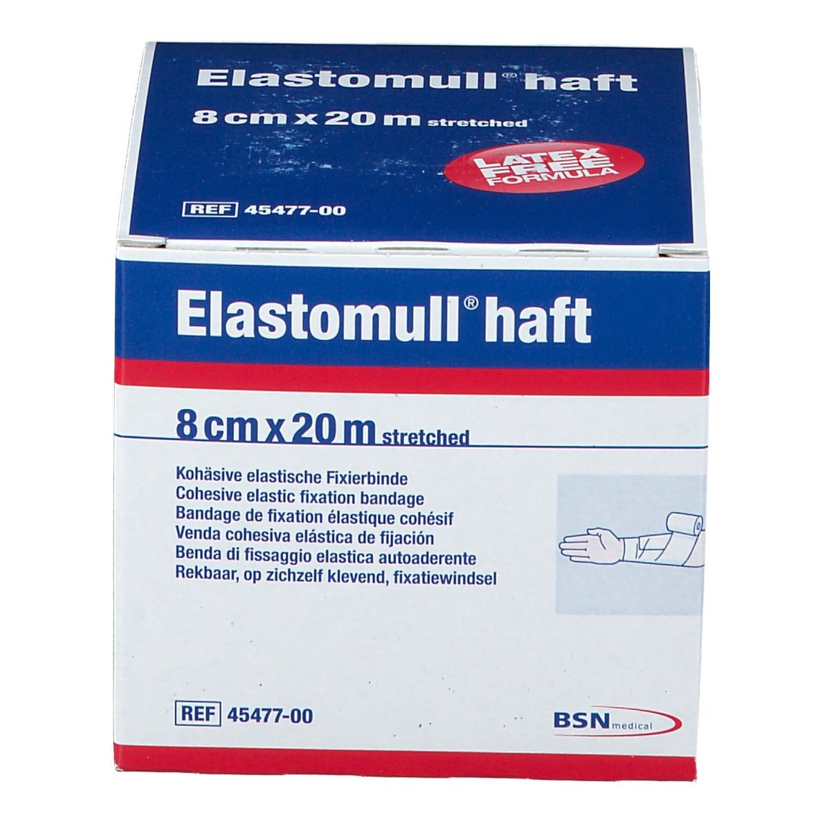 Verpakking Elastomull haft, 8cm x 20m elastische fixatiewindsel. Latexvrij. BSN medical.