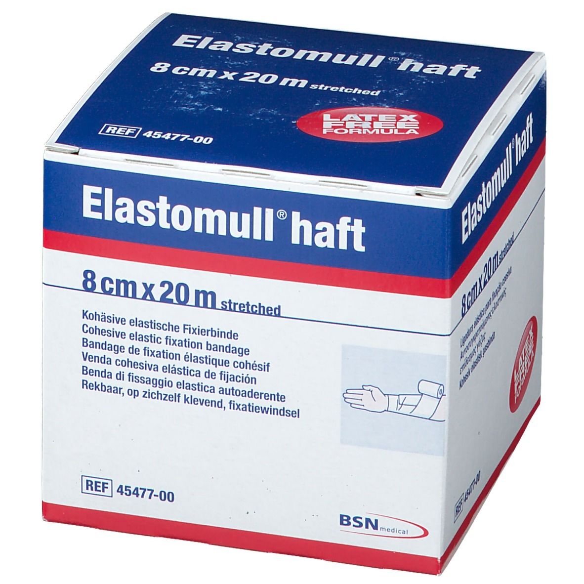 Verpakking Elastomull haft, 8cm x 20m elastische fixatiewindsel. Latexvrij. BSN medical.