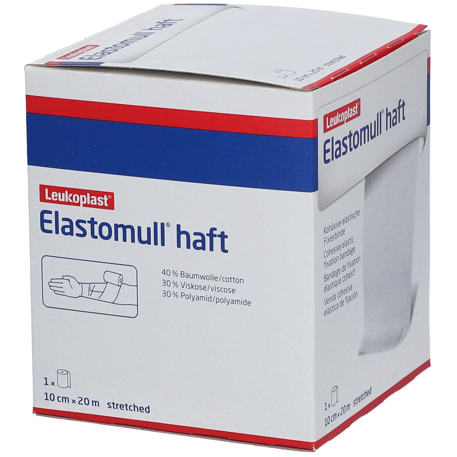 Verpakking Elastomull haft. Bevat 40% katoen, 30% viscose, 30% polyamide. Merk Leukoplast. 10 cm x 20 m.