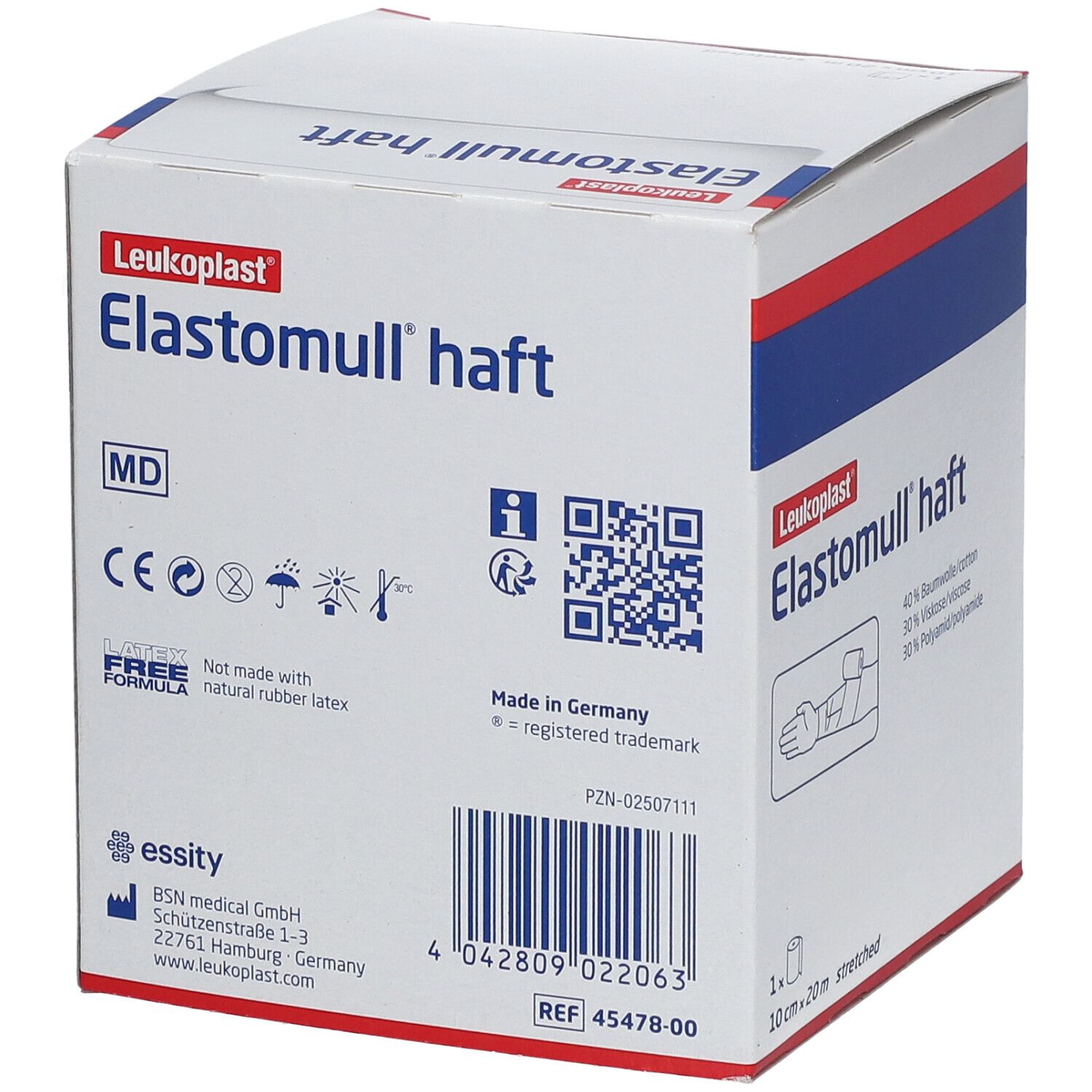 Verpakking Elastomull haft. Met CE-markering en QR-code. Merk Leukoplast. 10 cm x 20 m. Gemaakt in Duitsland.