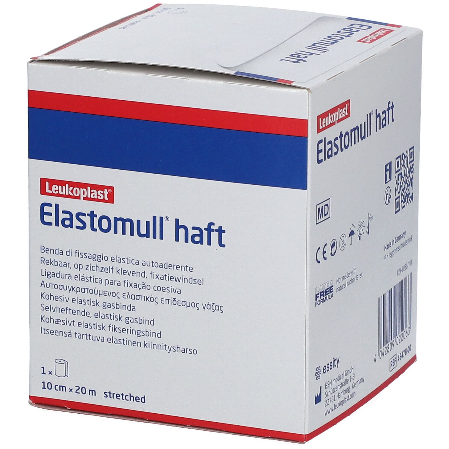 Verpakking Elastomull haft. Meertalige productinformatie. Merk Leukoplast. 10 cm x 20 m. Medisch hulpmiddel.