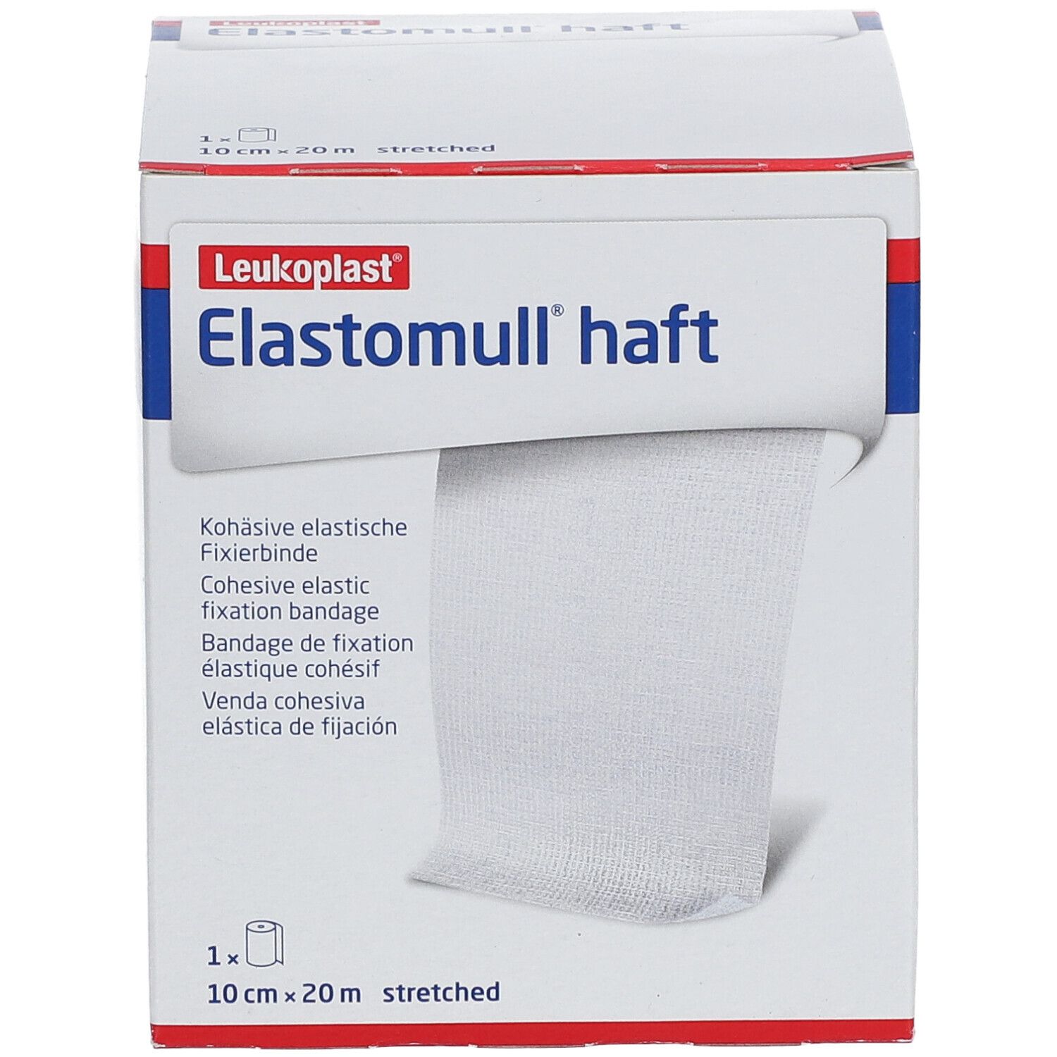 Verpakking van Elastomull haft cohesief elastisch fixatieverband. 10 cm x 20 m. Merk Leukoplast. Wit verband.