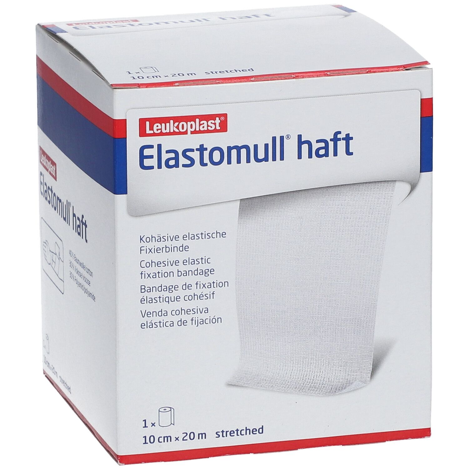 Verpakking van Elastomull haft cohesief elastisch fixatieverband. 10 cm x 20 m. Merk Leukoplast. Wit verband.