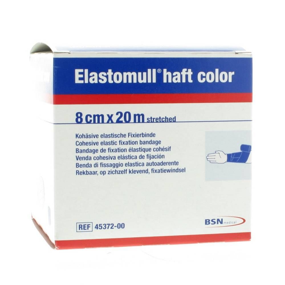 Verpakking Elastomull haft color elastisch fixatiewindsel, 8 cm x 20 m. Productinfo en BSN-logo.