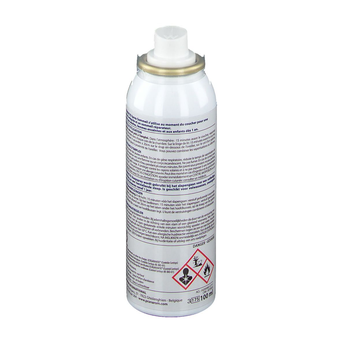 Dos du flacon de spray Aromanoctis. Texte multilingue. Symboles de danger.