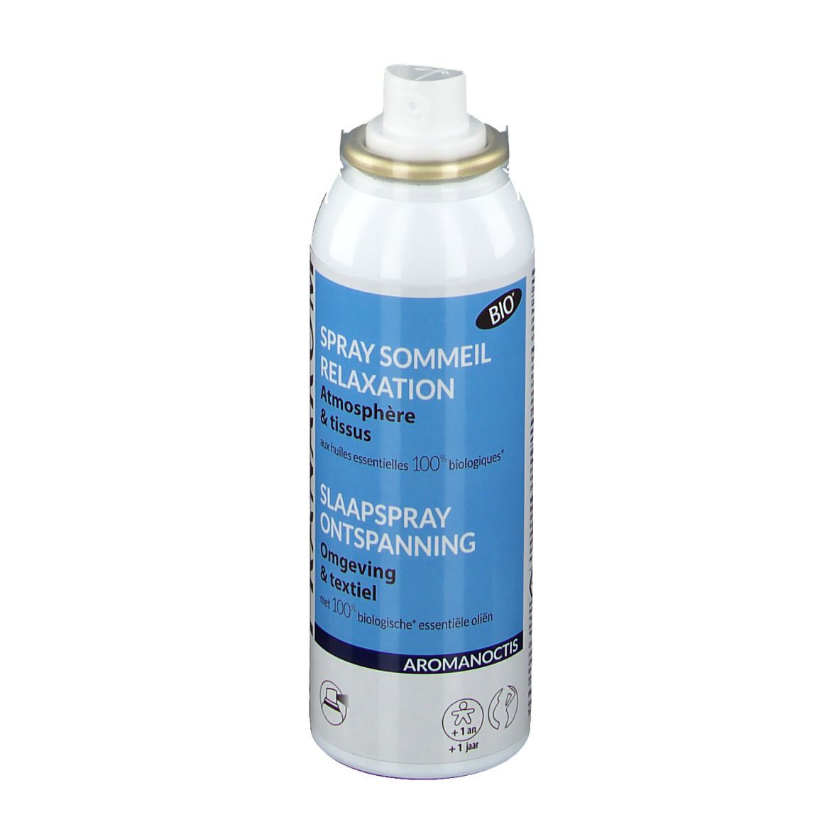 Flacon de spray Aromanoctis. Emballage blanc et bleu avec texte. Tête de pulvérisation, anneau doré. Label Bio.