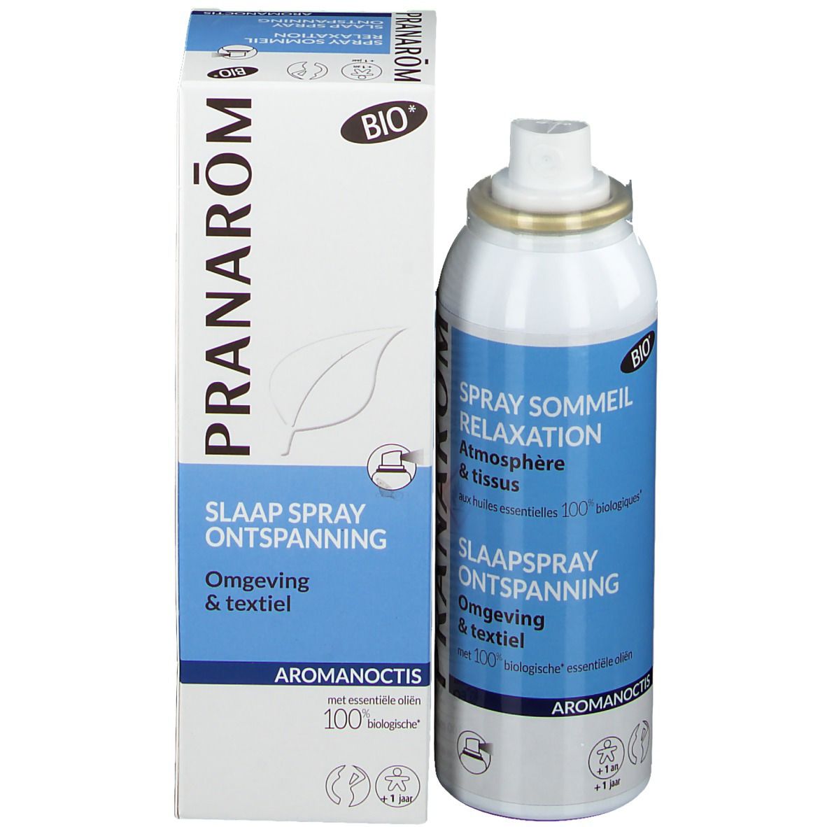 Aromanoctis spray sommeil avec emballage. Flacon et boîte. Couleurs blanc et bleu. Label Bio.