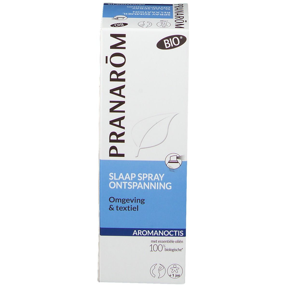 Emballage du spray Aromanoctis. Couleurs blanc et bleu. Label Bio. Logo feuille.