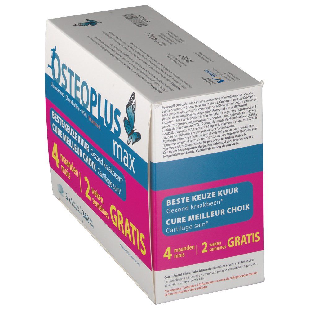 Confezione di Osteoplus Max. Bianca, accenti blu e rosa. Testo: Osteoplus, Beste Keuze Kuur, Cure Meilleur Choix, 4 mesi + 2 settimane GRATIS.