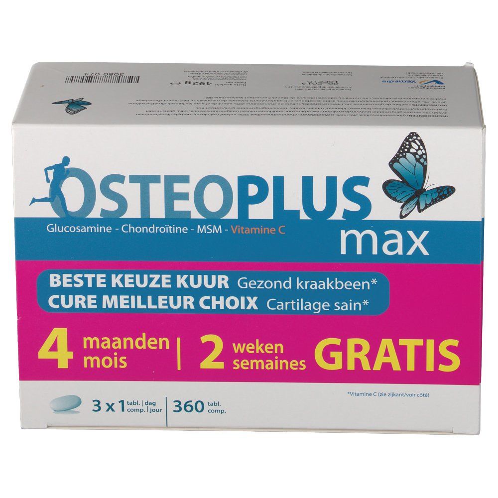 Confezione Osteoplus Max. Bianca, accenti blu e rosa. Testo: Osteoplus, Beste Keuze Kuur, Cure Meilleur Choix, 4 mesi + 2 settimane GRATIS. Compresse.