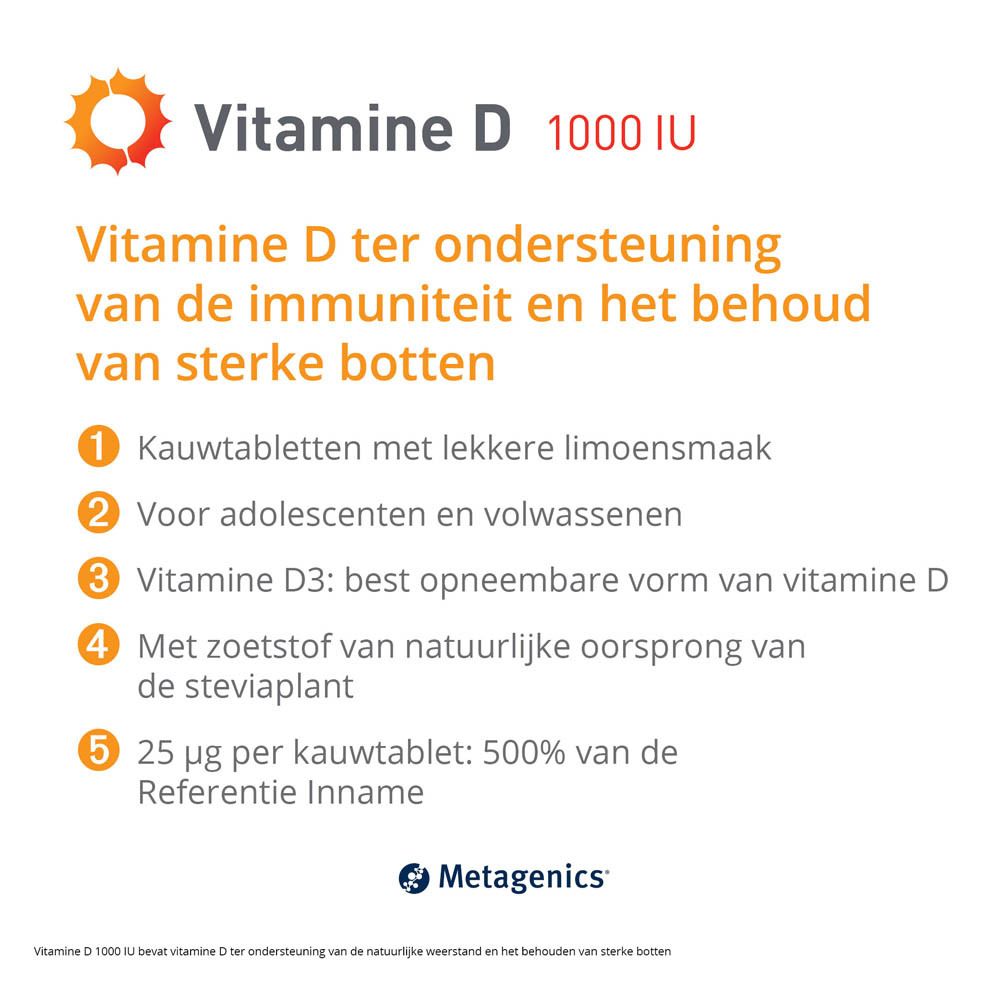 Verpakking Vitamine D 1000 IE. 168 kauwtabletten. Smaak: limoen. Merk: Metagenics.