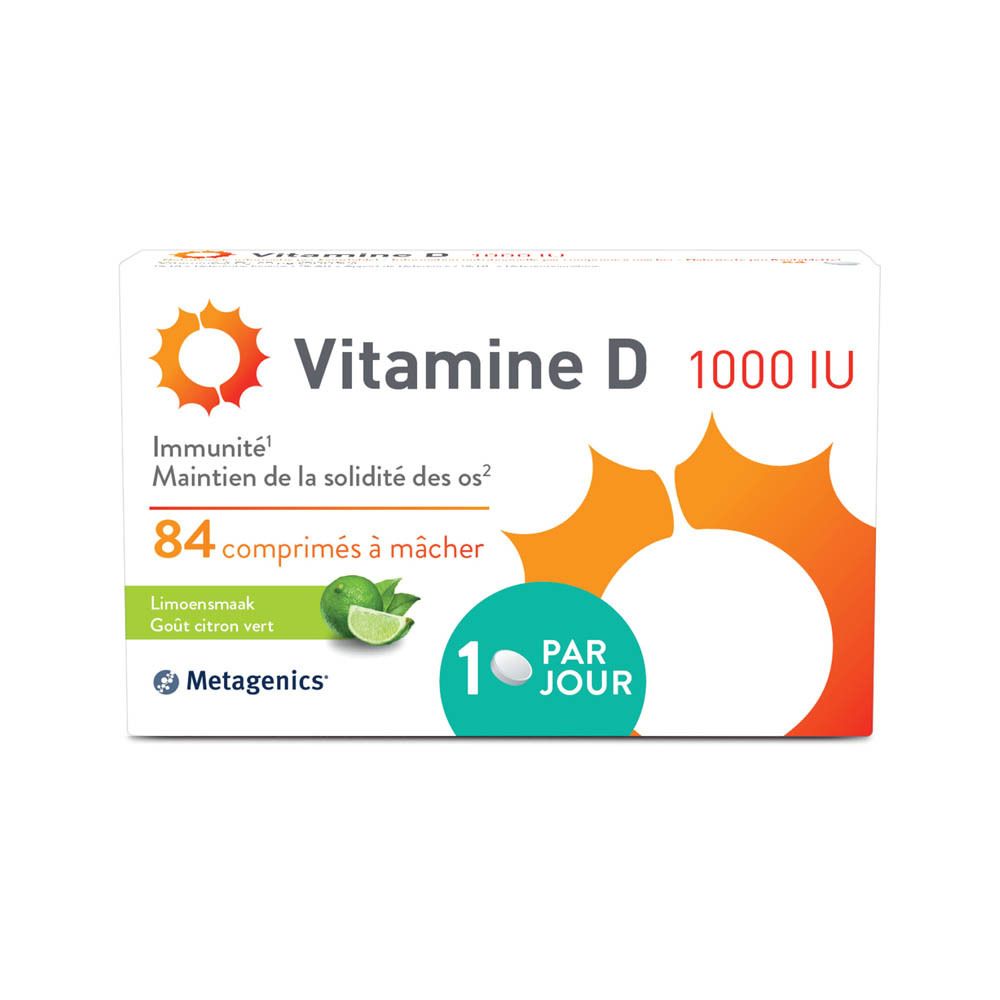 Boîte de Vitamine D 1000 UI. Contient 84 comprimés à mâcher. Logo Metagenics et symbole goût citron vert.