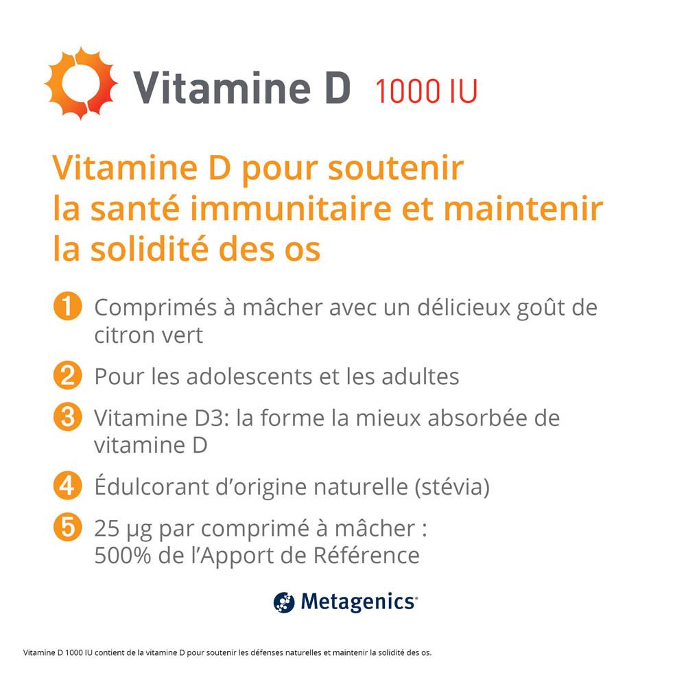 Boîte de Vitamine D 1000 UI. Contient 84 comprimés à mâcher. Logo Metagenics et symbole goût citron vert.