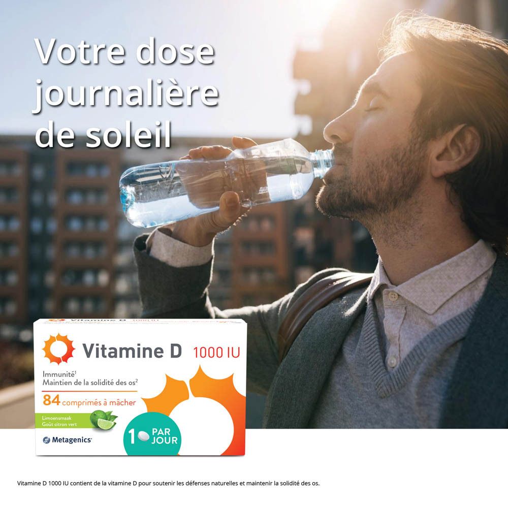 Boîte de Vitamine D 1000 UI. Contient 84 comprimés à mâcher. Logo Metagenics et symbole goût citron vert.