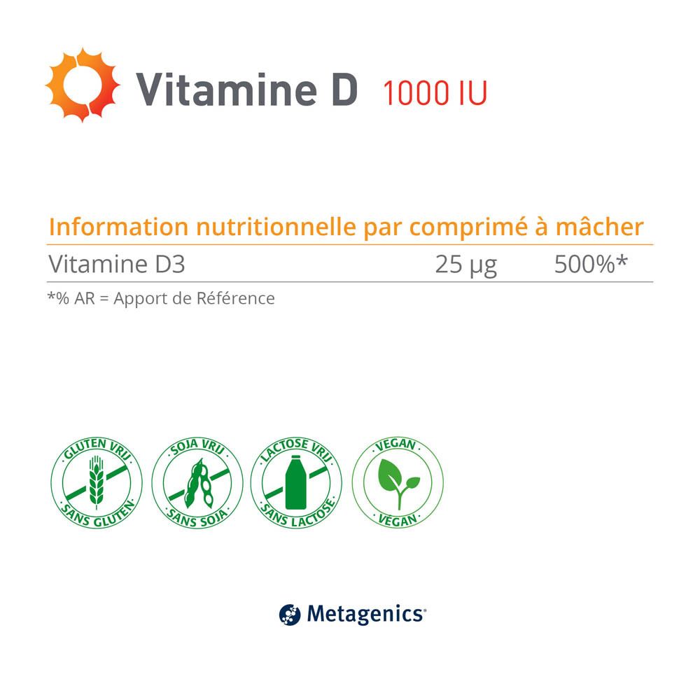 Boîte de Vitamine D 1000 UI. Contient 84 comprimés à mâcher. Logo Metagenics et symbole goût citron vert.