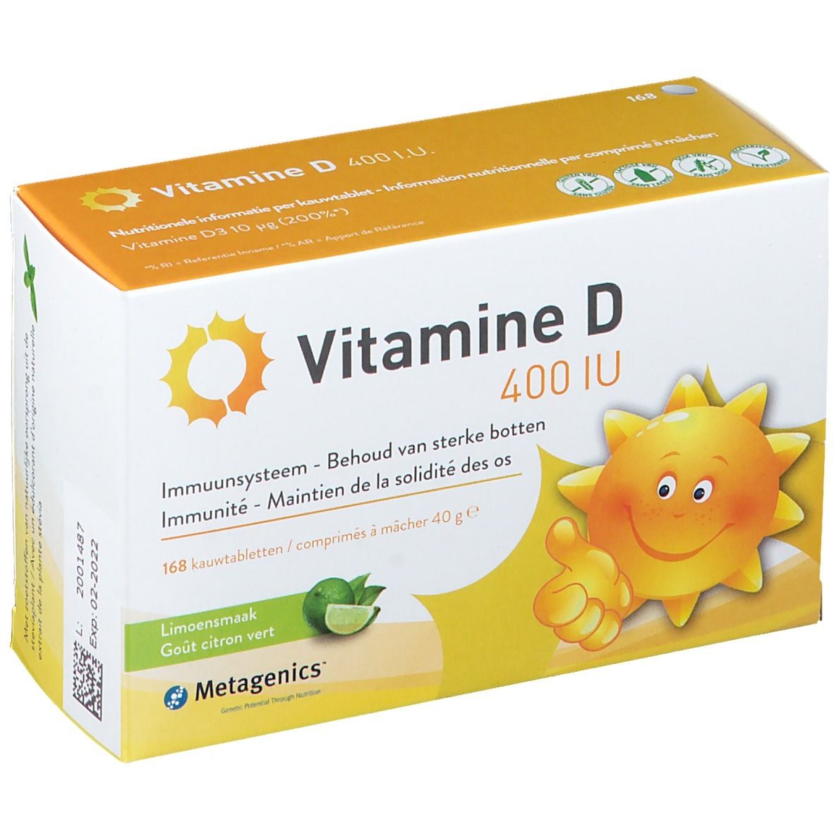 Boîte de 'Vitamine D 400 IU'. Contient 168 comprimés à mâcher. Logo Metagenics. Illustration d'un soleil avec un pouce levé.