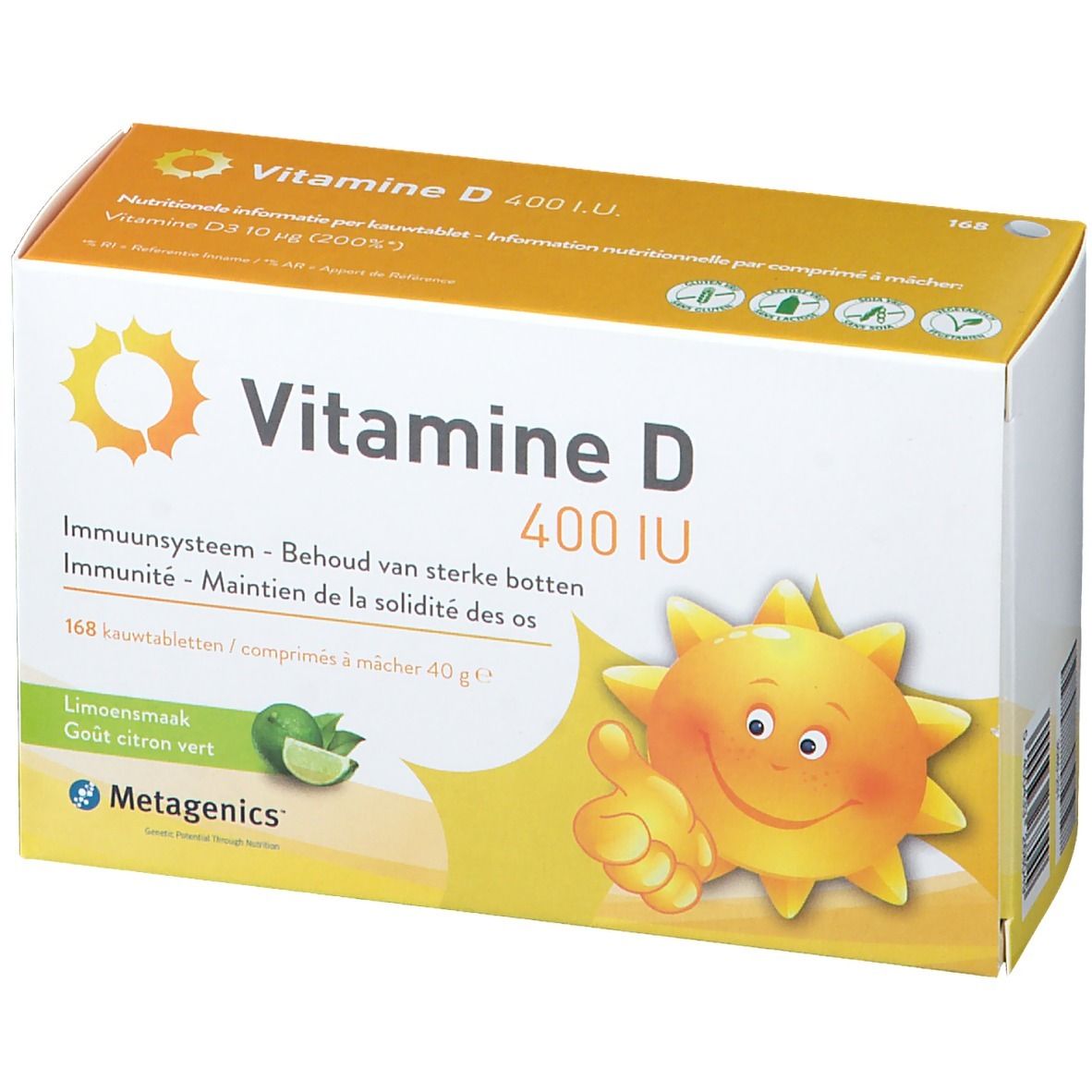 Boîte de 'Vitamine D 400 IU'. Contient 168 comprimés à mâcher. Logo Metagenics. Illustration d'un soleil avec un pouce levé.